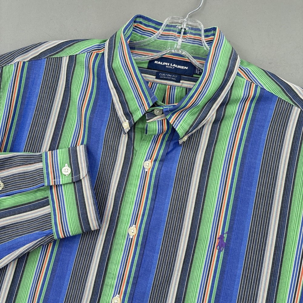 Ralph Lauren Shirt Mens XL Stripe Custom Fit Button Up‎ Long Sleeve Golf Vintage